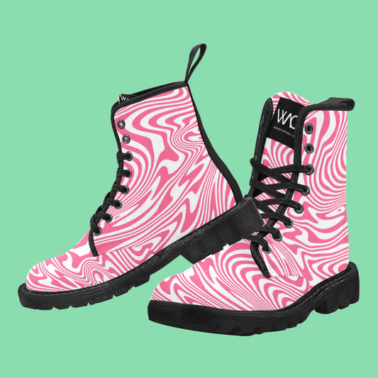 Hot Pink Abstract Waves Art Women's Winter  Lace Up Canvas Boots