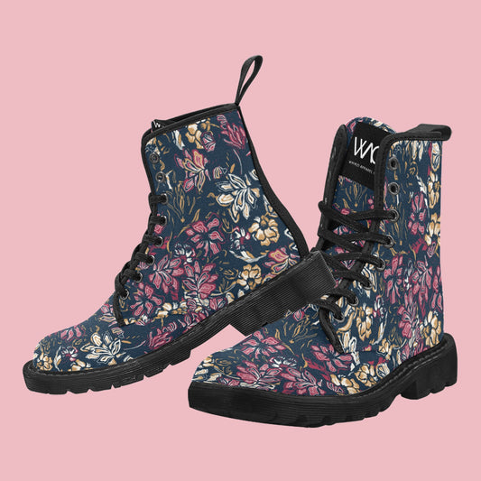 Winter Dark Floral Women's Lace Up Canvas Boots