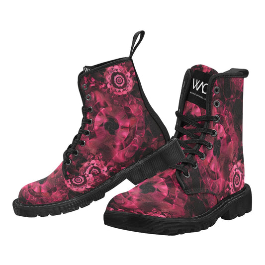 Burgundy Abstract Roses Women's Lace Up Canvas Boots